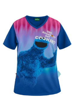 Cherokee Tooniforms Sesame Street Say Cookies Women's 1-Pocket V-Neck Print Scrub Top
