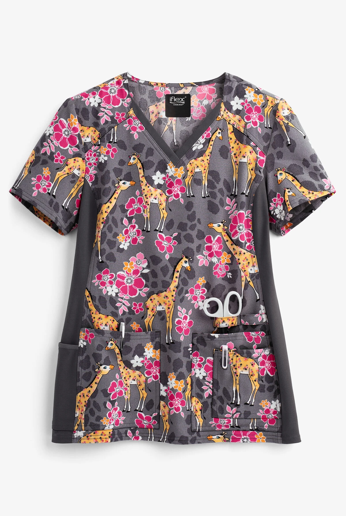 Cherokee Iflex Spotted In The Wild Women's 4-Pocket V-Neck STRETCH Print Scrub Top