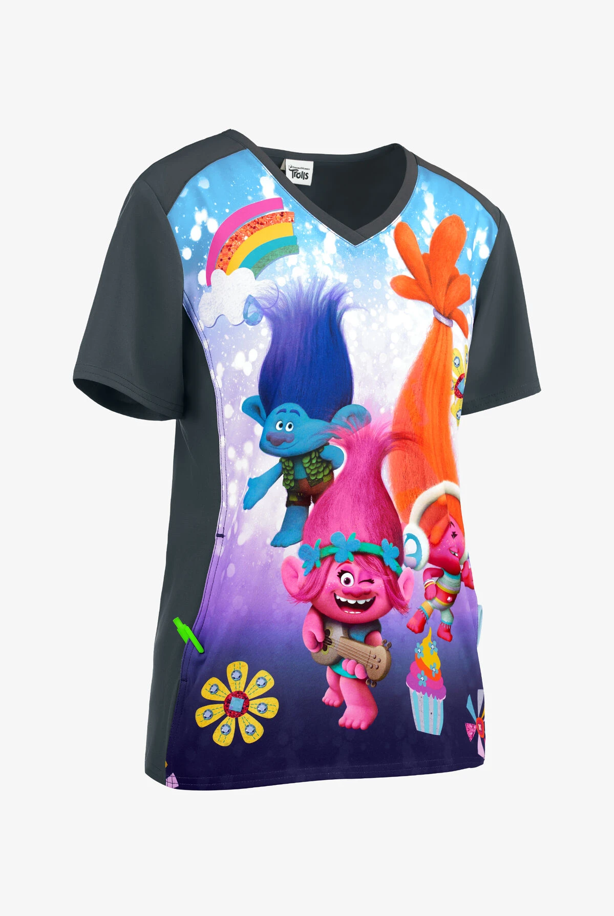 Cherokee Tooniforms Trolls Musical Genius Women's 1-Pocket V-Neck Print Scrub Top - Image 3