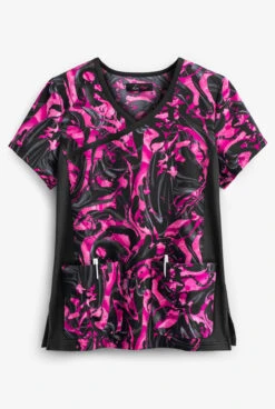 Koi Lite™ Inkblot Pinks Women's 2-Pocket Mock Wrap STRETCH Print Scrub Top