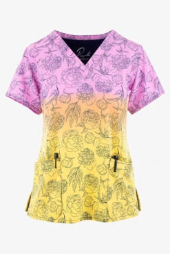 Maevn Morning Sunrise Floral Women's 3-Pocket STRETCH V-Neck Print Scrub Top