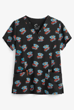 Maevn Superhero Women's 3-Pocket V-Neck Print Scrub Top