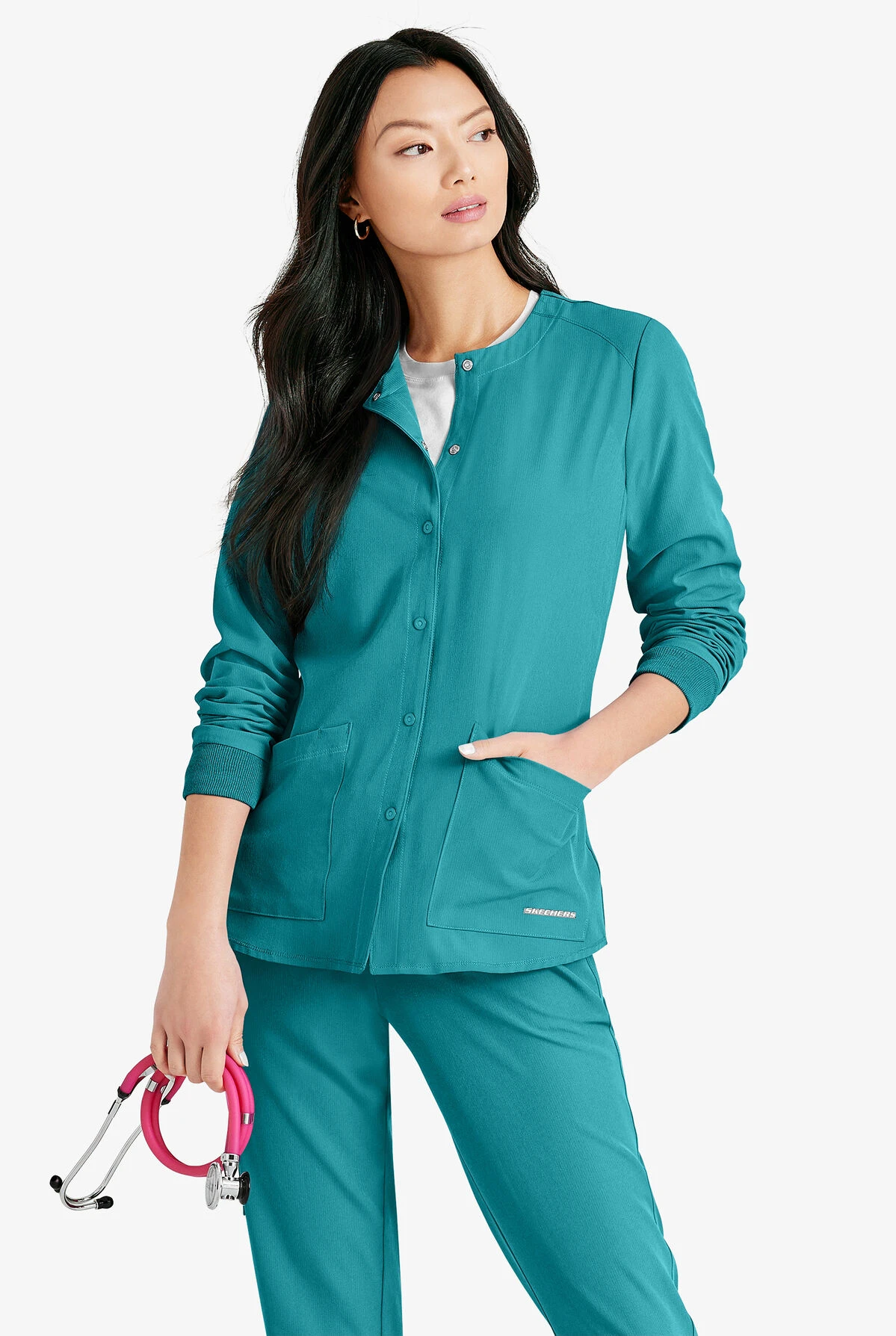 Skechers By Barco Stability Women's 2-Pocket STRETCH Warm-Up Scrub Jacket - Image 3